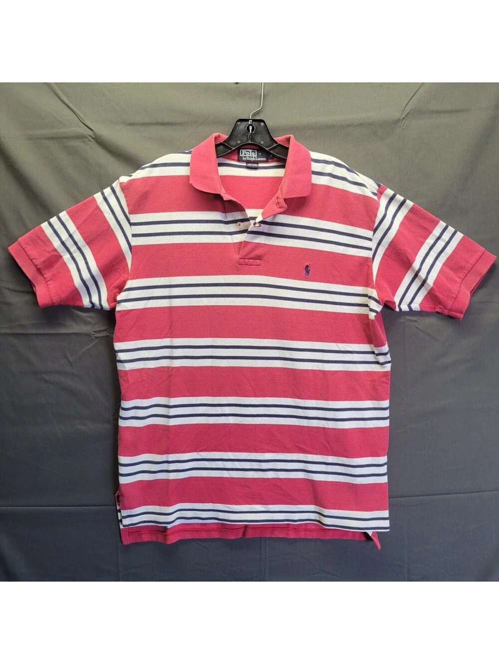 Men's Polo by Ralp Lauren Pink, White with Black 3 Stripe Polo Shirt Sz Large